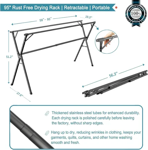 Vista 4 de Estante de secado de ropa de 95 pulgadas, estante de secado plegable para interiores y exteriores, de acero inoxidable resistente, perchero portátil