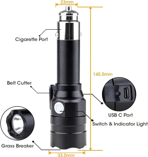 Vista 7 de Linterna pequeña recargable con encendedor de cigarrillos de coche de 12 voltios y USB C para vehículos de emergencia, herramienta de escape