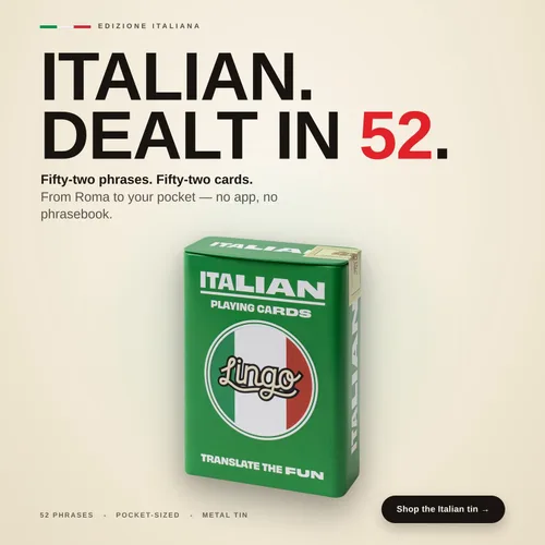 Vista 6 de Lingo Naipes italianos en lata de viaje premium Aprende vocabulario y frases italianas para adultos y principiantes Edición de caja de regalo