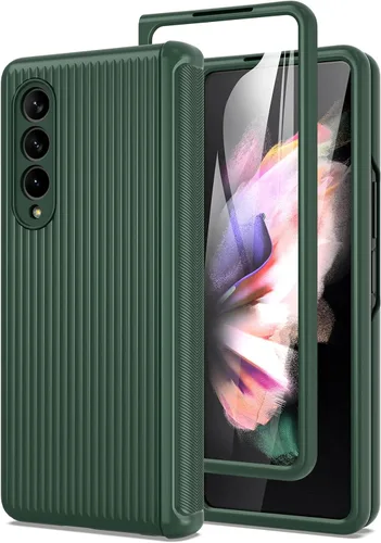 Vista 11 de MAKAVO Funda para Samsung Galaxy Z Fold 3 5G con protección de bisagra, protector de pantalla de vidrio templado integrado, ajuste delgado 3D Negro