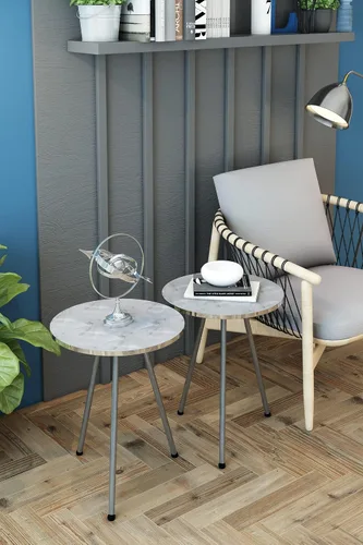 Vista 9 de Juego de 2 mesas auxiliares redondas de madera con aspecto de mármol, mesa auxiliar anidable para espacios pequeños, mesita de noche, mesa de noche