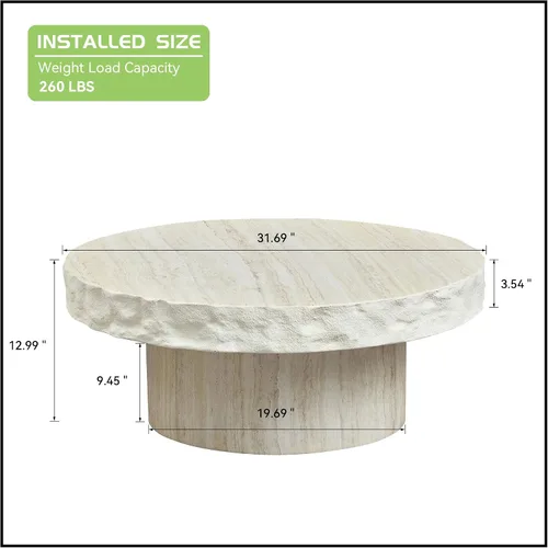 Vista 2 de JUSTONE Mesa de Centro Redonda para Sala de Estar, Mesa de Acento Moderna de 31.5 Pulgadas con Acabado de Piedra Artificial Beige Desgastado, Mesa
