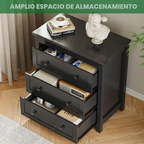 Vista 3 de Cómoda para dormitorio con 3 cajones, cajones pequeños de 27.55" de ancho, cómoda de madera estilo granja, mesita de noche, gabinete de cabecera