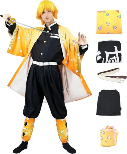 Vista 2 de C-ZOFEK Disfraz de cosplay para hombre, talla estadounidense, kimono Haori, uniforme negro con cinturón