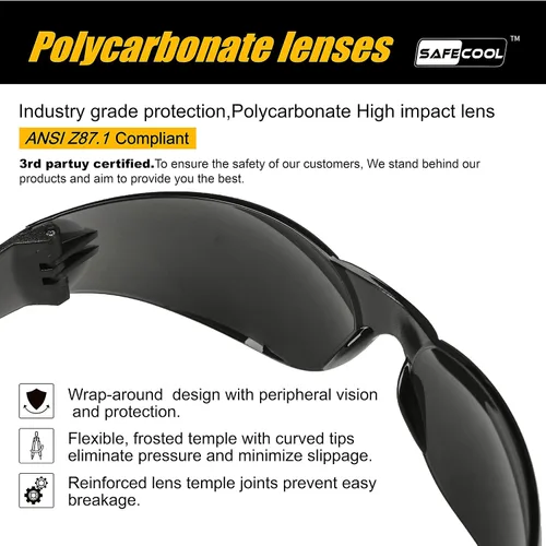 Vista 3 de Gafas de seguridad (paquete de 12 unidades), gafas protectoras de policarbonato teñido de humo para mujeres y hombres, talla única, empaquetadas