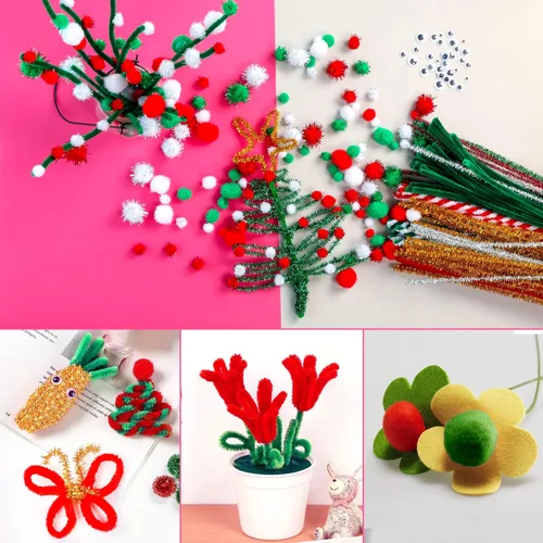 Vista 8 de Limpiadores de tubería de Navidad, juego de 700 piezas para manualidades que incluye 200 piezas de limpiadores de tubería, 400 piezas de pompones