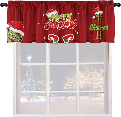 Vista 8 de Cenefas de cortina de cocina de Navidad, Navidad, invierno, cenefas pequeñas con bolsillo para barra, decoración de cortinas cortas de Navidad