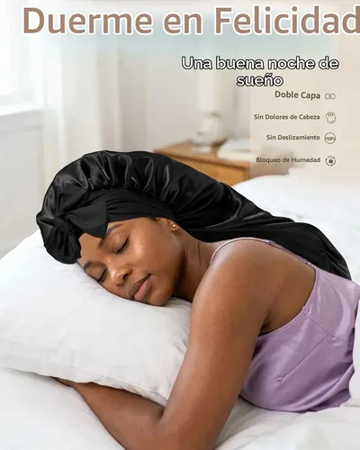 Vista 6 de AWAYTR Gorro largo de satén para mujer, gorro de seda elástica de doble capa para trenzas, gorro de dormir con banda de amarre (negro)