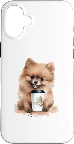 Vista 23 de iPhone 16 Pomerania perro con café estilo acuarela caso