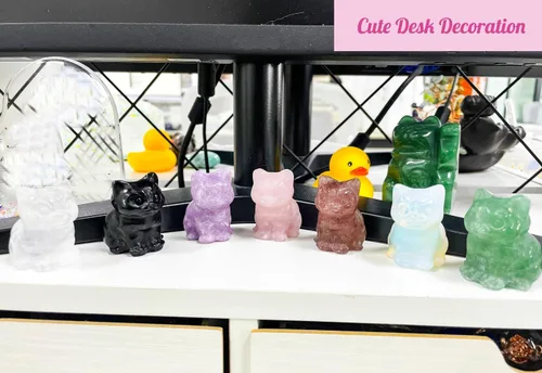 Vista 7 de DUQGUHO Figuras de gato de cristal de aventurina verde - Estatua de gato de la suerte y linda para decoración de escritorio o habitación 1 pieza