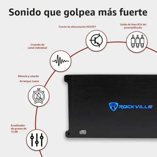 Vista 8 de Rockville dB25 - Amplificador estéreo para coche (2800 W, 1400 W, RMS 2 canales) Bass Knob, Dyno Certified, Class AB+D, MOSFET, Crossover