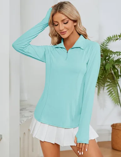 Vista 4 de LOMON Camisas de manga larga para mujer, protección solar, cremallera de 14, de verano, de secado rápido, para senderismo, con cremallera de un