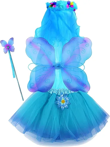 Vista 2 de Sinuo Disfraz de hada, conjunto de disfraz con alas, tutú, varita y velo, conjunto de princesa para niñas de 3 a 8 años (azul)
