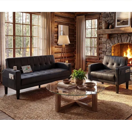 Vista 11 de TYBOATLE Sofá Loveseat de 62" de ancho con 2 puertos de carga USB y 2 portavasos, asiento de amor pequeño capitoné de cuero sintético negro
