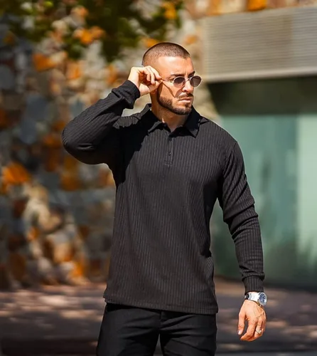 Vista 3 de GINGTTO Polo y suéter de manga larga para hombre ajuste delgado elástico casual elegante con botones
