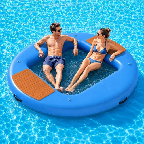Vista 29 de Muelle flotante inflable redondo de 6 a 12 pies, anillo de flotador Sunchill, hamaca de agua para broncear flotadores de piscina con tela tejida