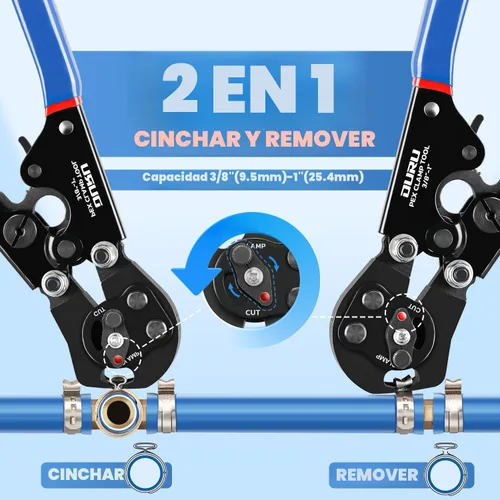 Vista 2 de OURU Herramienta de Crimpado Pex de Trinquete 2 EN 1 Función Combinada de Cinchar y Quitar Herramienta de Crimpado de Tubería Pex de 3/8" a 1