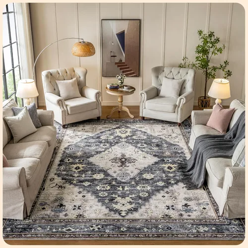 Vista 212 de Istana Alfombra larga antideslizante de 2.5 x 8 para el hogar, para pasillo y cocina, lavable, sedosa y suave al tacto, elegante, color azul y marfil