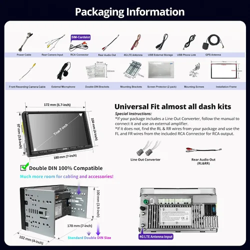 Vista 7 de S8 8-Core 4G+32G Estéreo de Coche Android Doble DIN, 4G LTE, WiFi/BT/USB Tethering, Pantalla Táctil QLED Inalámbrica de 7 Pulgadas CarPlay Android