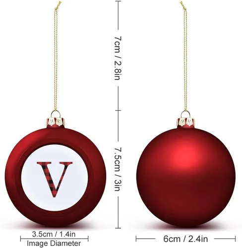 Vista 2 de Adorno de bola de Navidad con letra del alfabeto inglés, búfalo negro, rojo, a cuadros, letra V, adornos de recuerdo de recuerdo para árbol