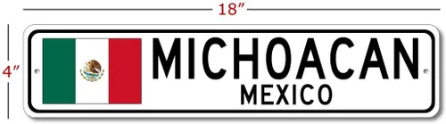 Vista 2 de Michoacán, México, letrero de calle con bandera mexicana, letrero de metal novedoso, letrero personalizado, letrero de calle de la cueva del hombre