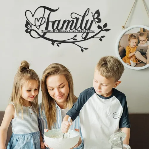 Vista 5 de AUHOKY Letrero de metal con texto en inglés «Family Where Life Begins Love Never Ends» («Family Where Life Begins Love Never Ends») para decoración