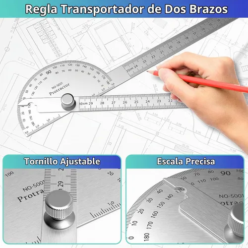 Vista 5 de ForoGore Transportador de acero inoxidable de 180 grados, regla de dos brazos, transportador de ángulo ajustable, regla de carpintería, herramienta