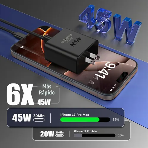 Vista 2 de Cargador para iPhone 17 de carga rápida, paquete de 2 adaptadores de alimentación USB C de 45 W y cable USB C a C de 10 pies tipo C para iPhone 17