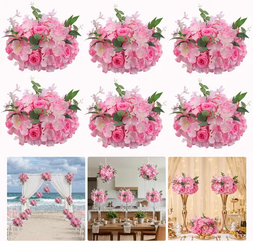Vista 10 de Bolas de flores para mesas de boda, 6 piezas de flores artificiales rojas de 10.6 pulgadas para centros de mesa, arreglos de rosas falsas