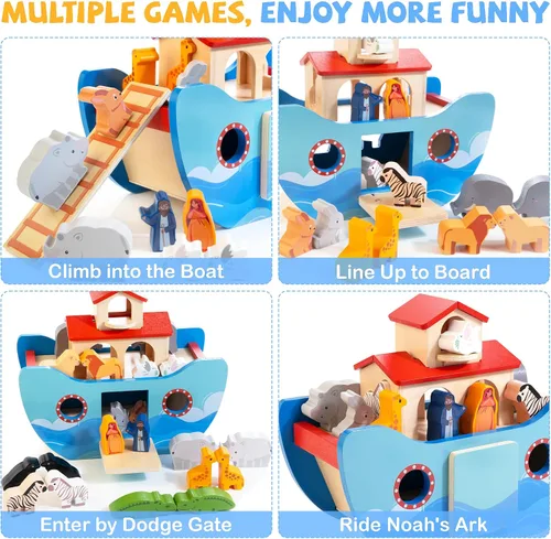 Vista 2 de JUSTWOOD Juego de Juguetes de Animales del Arca de Noé de Madera, Juguetes de Historia Bíblica Regalo de Bautismo para Niños y Niñas de 1+ Años