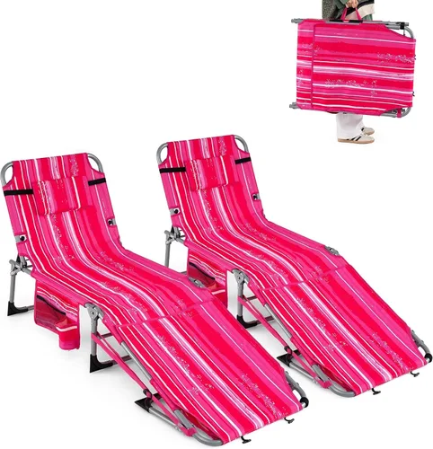 Vista 12 de Goplus Silla de bronceado con agujeros para brazos faciales, silla portátil para tomar el sol con respaldo de 4 niveles y almohada para la cabeza