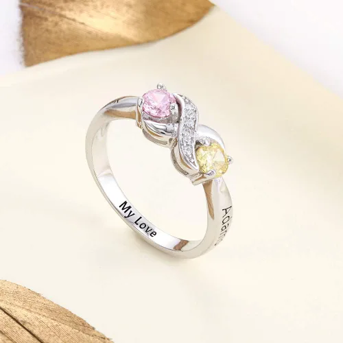 Vista 3 de Anillo personalizado para madres infinitas con 2 piedras natales redondas simuladas, anillos de compromiso para mujer