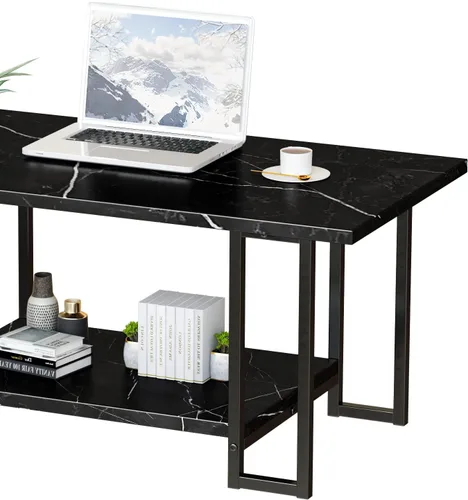Vista 6 de AWQM Mesa de Centro de Mármol, Mesa de Centro Rectangular con Superficie de Mármol Sintético y Marco de Metal Negro, Mesa de Sala de 2 Niveles