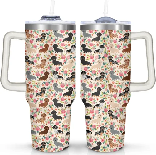 Vista 22 de Dachshund - Vaso de viaje aislado de acero inoxidable de 20 onzas con asa y pajilla, regalo para mujer, para el Día de la Madre, a prueba de fugas