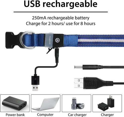 Vista 6 de MASBRILL Collar de perro con luz LED - Recargable, resistente al agua, intermitente, collar brillante para caminar por la noche