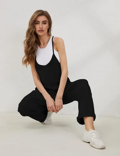 Vista 8 de Lentta Overol casual para mujer, con cuello en V, sin mangas, con tirantes elásticos y ajustables, con bolsillos