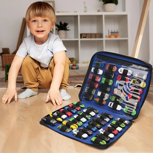 Vista 6 de Organizador de coches de juguete con 52 ranuras (Azul) Se adapta a automóviles fundidos a presión 1:64. Coches no incluidos. Estuche portátil