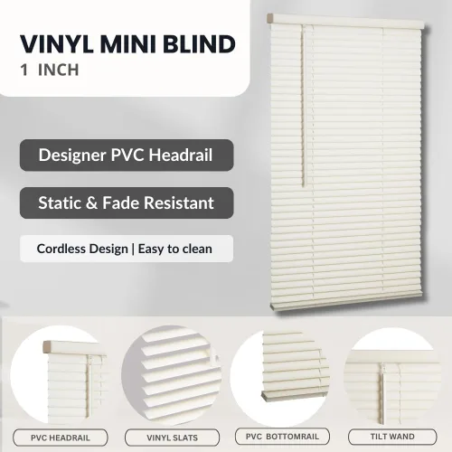 Vista 4 de LOTUS & WINDOWARE Persianas sin cordón de vinilo mini de 1 pulgada, Alabaster, 59 pulgadas x 36 pulgadas (MLX5936AL)