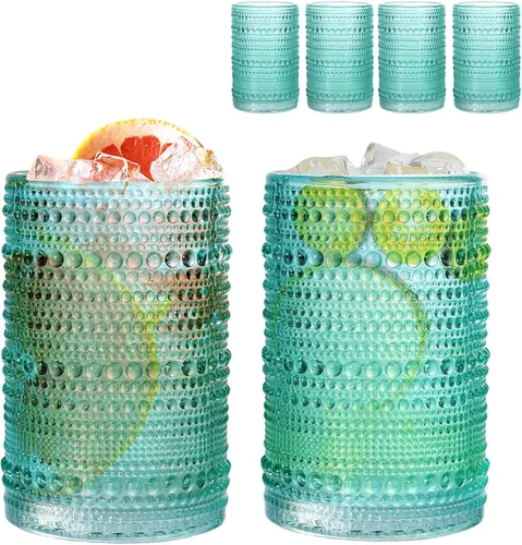 Vista 13 de Juego de 4 vasos para beber Hobnail de 12 onzas, vasos vintage de Júpiter, cristalería antigua en relieve para cerveza, agua, jugo, cóctel, whisky