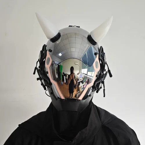 Vista 5 de KYEDAY Máscara punk para hombre, máscara de cuerno de buey LED, tecnología punk futurista, cosplay, Halloween, accesorios para fiestas y festivales