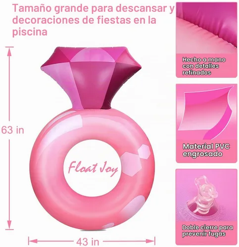 Vista 5 de Float Joy Flotadores inflables de piscina para adultos, anillo de diamante inflable de 63 x 43 pulgadas, regalos de despedida de soltera, novia
