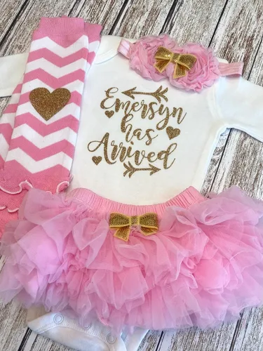 Vista 13 de Personalized Baby Girl Has Arrived Bodysuit Gold Glitter Design Add Any Name Optional Accessories
