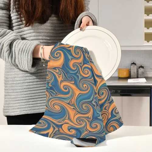 Vista 6 de Retro Swirls - Juego de 6 paños de cocina absorbentes de 28 x 18 pulgadas, color naranja y azul
