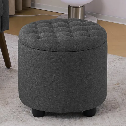 Vista 12 de Furniliving Moderno otomano redondo de almacenamiento, otomano tapizado con botones capitoné con tapa extraíble, taburete de almacenamiento