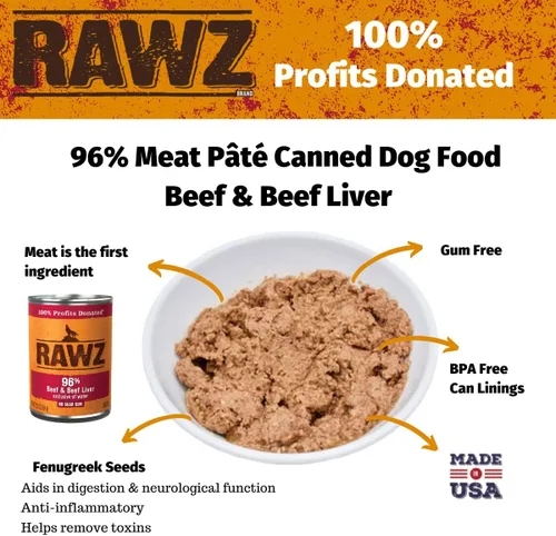 Vista 2 de Rawz Alimento húmedo enlatado con 96% de carne para perros, paquete de 12 / latas de 12.5 oz. (Carne de res/Hígado de res)