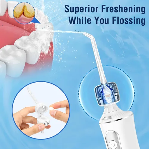 Vista 3 de H2ofloss Irrigador dental portátil con 30 tabletas de repuesto para irrigador oral, portátil y recargable, blanqueamiento dental suave, IPX7