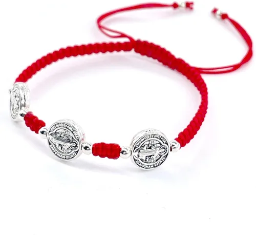 Vista 4 de Pulsera con tres medallas de San Benito de doble cara plateada en cordón trenzado ajustable con nudo de macramé para mujer (negro)