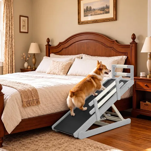 Vista 14 de Rampa para perros para cama, rampa de madera ajustable para mascotas de 46 Beige