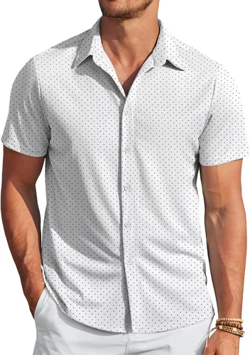 Vista 16 de COOFANDY - Camisas sin arrugas para hombre, casual, manga corta, con botones, de verano, elástica, de vestir
