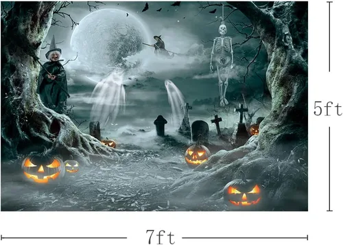 Vista 3 de MEHOFOND Telón de fondo de calabaza de Halloween de 7 x 5 pies para fotografía, bosque de terror, luna llena, noche de cementerio, fondo